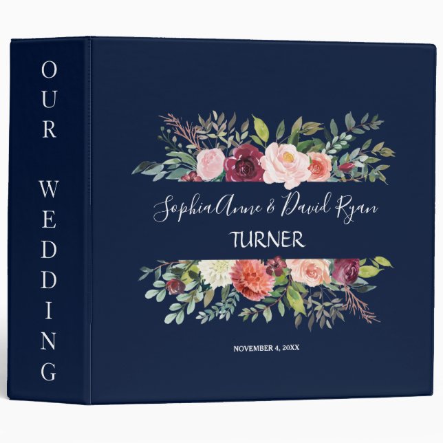 Classeur Chic Bourgogne Blush Floral Navy Blue Wedding Albu (Devant/Côté)