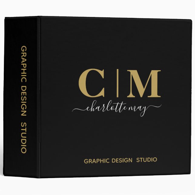 Classeur Chic Elegant Black Gold Business Monogramme Nom (Devant/Côté)