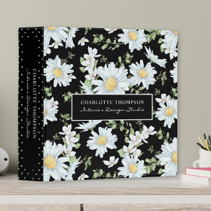 Classeur Chic Fleurs Nom Personnalisé Noir Blanc