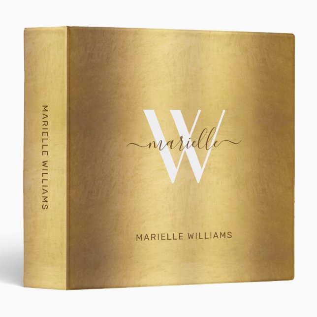 Classeur Chic Gold Monogramme Nom Modern Script (Devant/Côté)