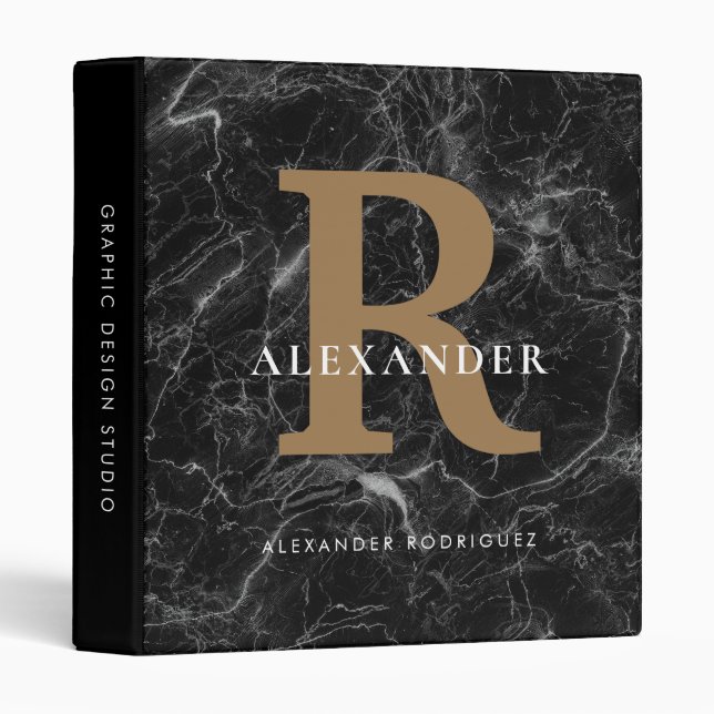 Classeur Chic Gras Monogramme Black Gold Marble Office Scho (Devant/Côté)