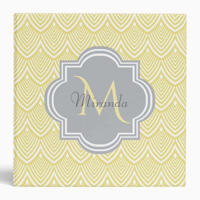 Classeur Chic Jaune Art Déco Scallops Grey Monogramme Nom (Devant)