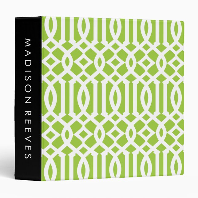 Classeur Chic Lime vert et blanc Trellis Personnalisé Monog (Devant/Côté)