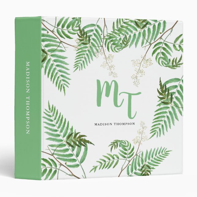 Classeur Chic Moderne Aquarelle Verdure Script Monogramme (Devant/Côté)