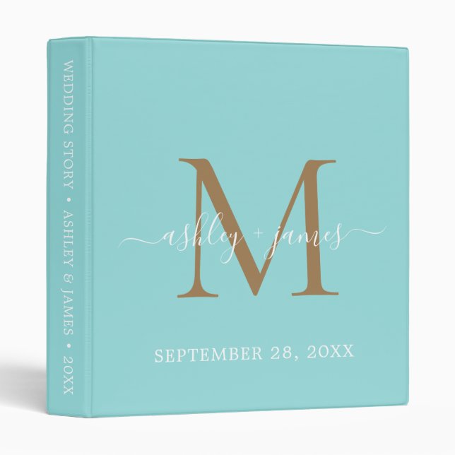 Classeur Chic Monogramme or Script Turquoise Mariage bleu (Devant/Côté)
