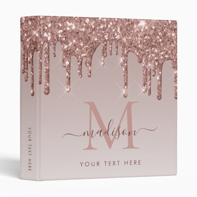 Classeur Chic Monogramme Rose Gold Pailleté Gouttes de Pail (Devant/Côté)