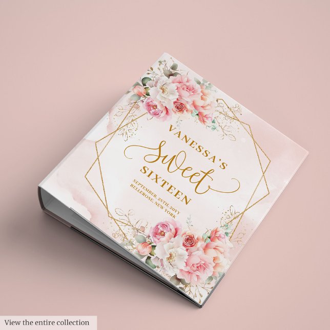 Classeur Chic Pastel Pink Gold Peonies Sweet 16 Cercle Clas (Chic Pastel Pink Gold Peonies Sweet 16 Ring Binder)