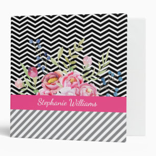Classeur Chic rose floral noir et blanc Chevrons et nom