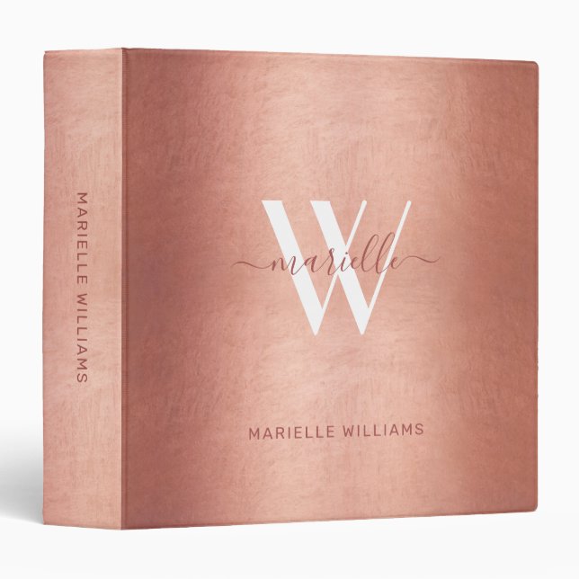 Classeur Chic Rose Gold Monogramme Nom Modern Script (Devant/Côté)