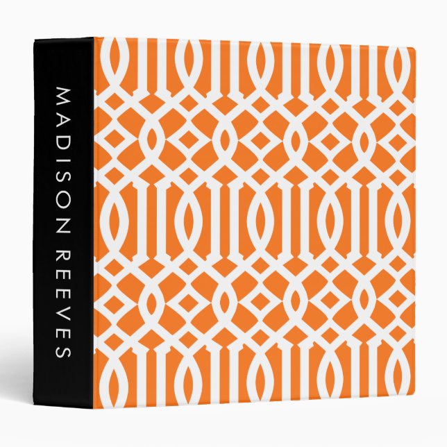 Classeur Chic Trellis orange et blanc Monogramme personnali (Devant/Côté)