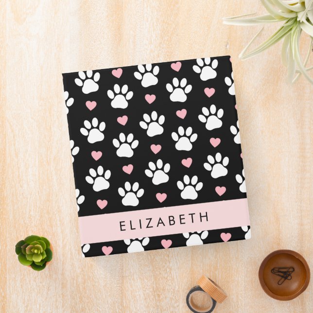Classeur Chien Paws, White Paws, Rose Hearts, Votre Nom (In Situ)