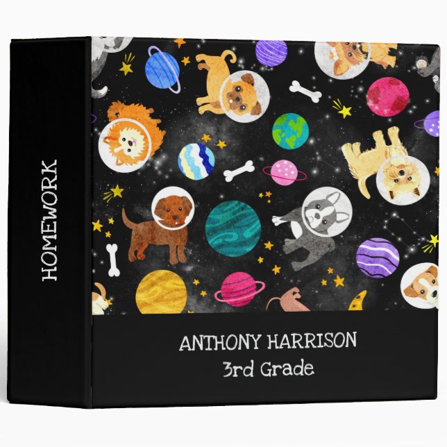 Classeur Chiens de l'espace Aquarelle Astronaut Chiots (Devant/Côté)