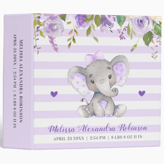 Classeur Chiffres de bébé nouveau-né Fille Lavande Eléphant (Devant/Côté)
