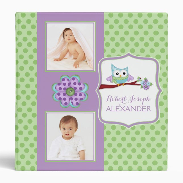 Classeur Chouette-bébé Nom personnalisé pourpre et vert / P (Devant)