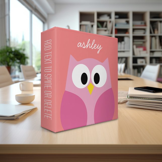 Classeur Chouette caricaturale mignonne en rose et corail (Personalized 3-ring Binder with custom text)