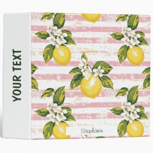 Classeur Citrons et fleurs vintages sur bandes rose et blan