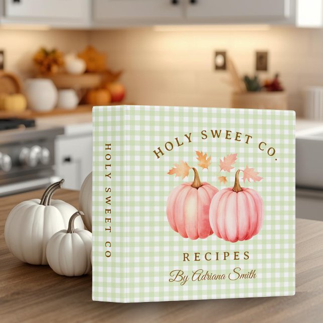 Classeur Citrouille rose et vert En vichy recettes de boula (Pink Pumpkin Green Gingham Bakery Binder)
