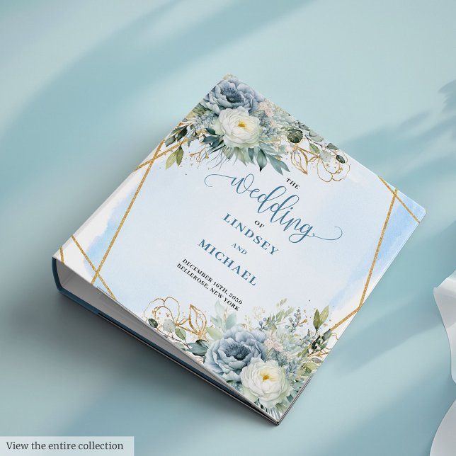 Classeur Classic Dusty Blue Floral Greenery Mariage or (Classic Dusty Blue Floral Greenery Gold Wedding Binder)
