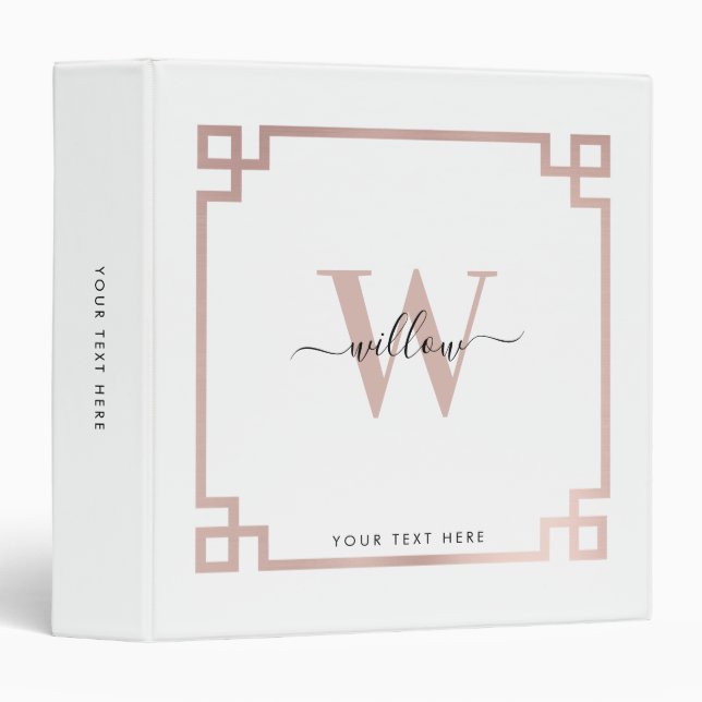 Classeur Clé grecque blanche et Rose rose or Monogramme (Devant/Côté)