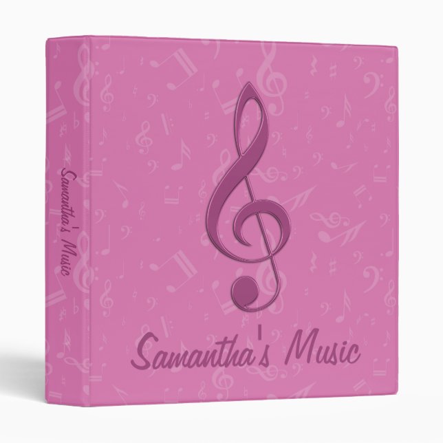 Classeur Clef rose Girly personnalisable et notes musicales (Devant/Côté)