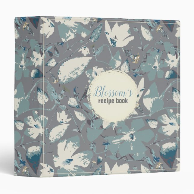 Classeur Clematis Blue Grey Aquarelle Floral Recette (Devant/Côté)