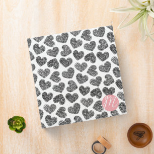 Classeur Coeurs de Doodle Noir et Blanc modernes Monogramme