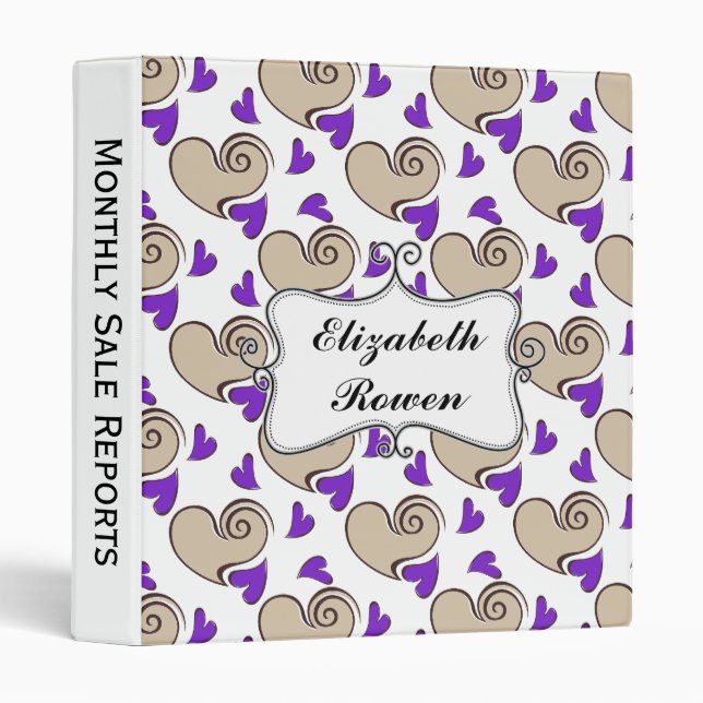 Classeur coeurs mignons pourpres girly, personnalisée (Devant/Côté)