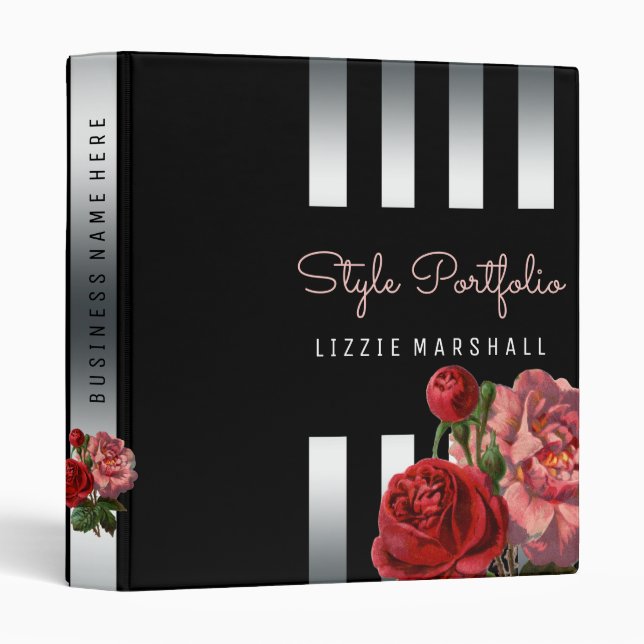 Classeur Coiffeur | noir floral rose de rayures d'argent (Devant/Côté)
