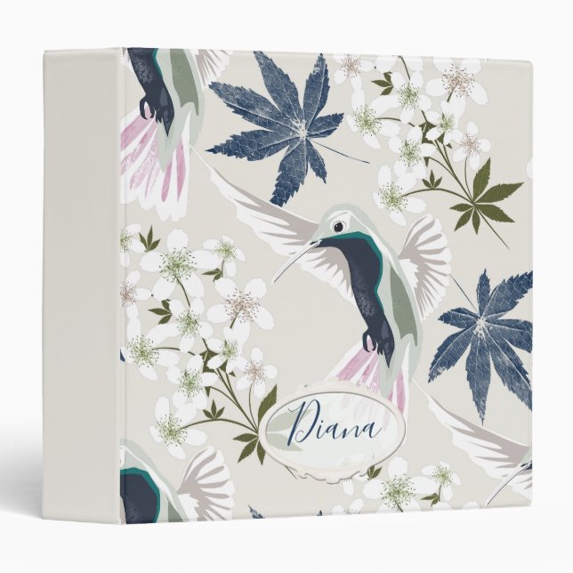 Classeur Colibris et fleurs blanches. (Devant/Côté)