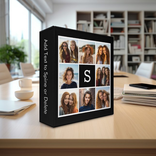 Classeur Collage de photos noir et blanc Monogramme personn (Personalized Photo Binder with a Photo Collage and Custom Text)
