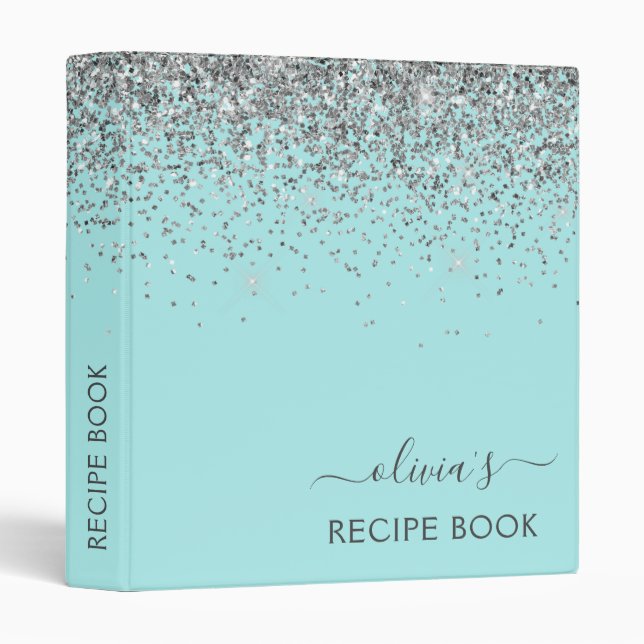 Classeur Cookbook Aqua Turquoise Blue Silver Parties scinti (Devant/Côté)