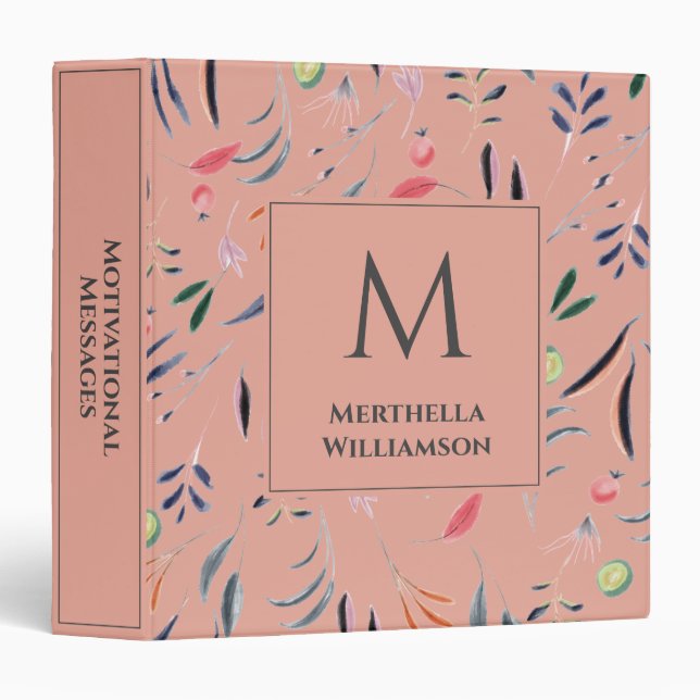 Classeur Coral rose Floral MONOGRAM Personnalisé (Devant/Côté)