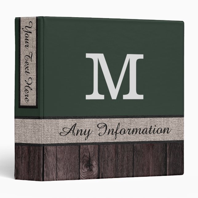 Classeur Couleur vert noir Rustique Look Bois Monogramme (Devant/Côté)