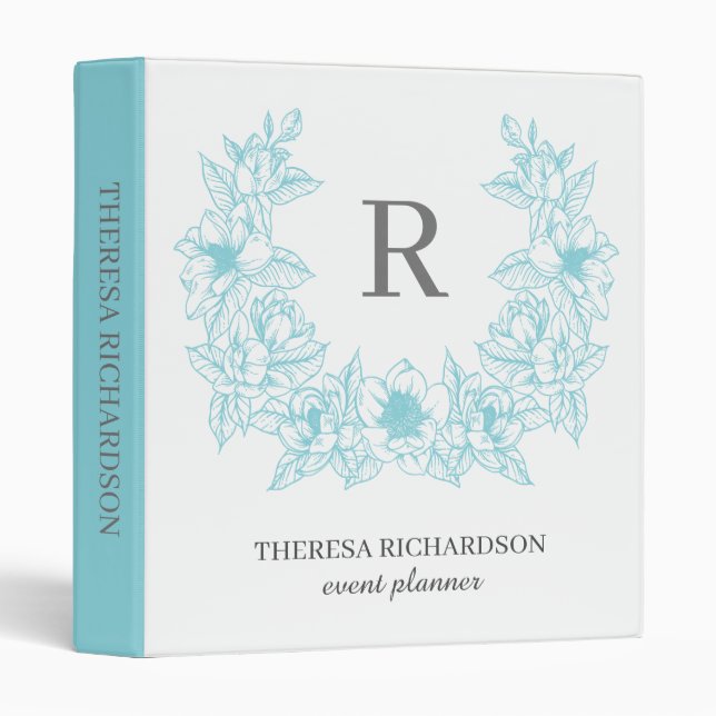 Classeur Couronne de fleurs de magnolia Azure Monogramme (Devant/Côté)