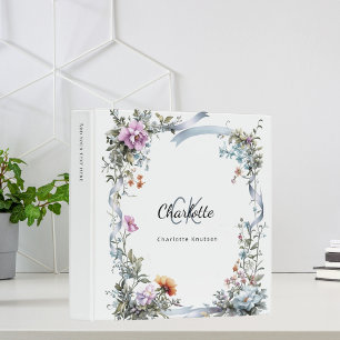 Classeur Couronne de fleurs sauvages bleues ruban monogramm