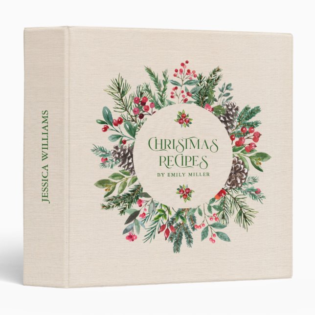 Classeur Couronne de Noël avec texture de lin beige (Devant/Côté)