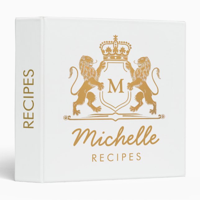 Classeur Couronne royale Lions Monogramme Script Recette (Devant/Côté)