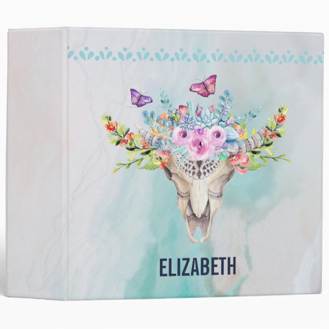 Classeur Crâne animal Boho avec papillons et fleurs (Devant/Côté)