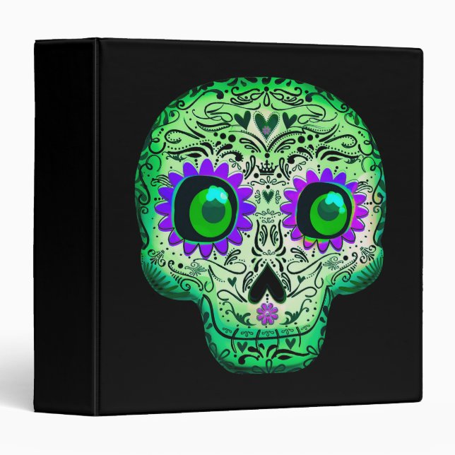 Classeur Crâne de sucre blanc vert et violet brillant noir (Devant/Côté)