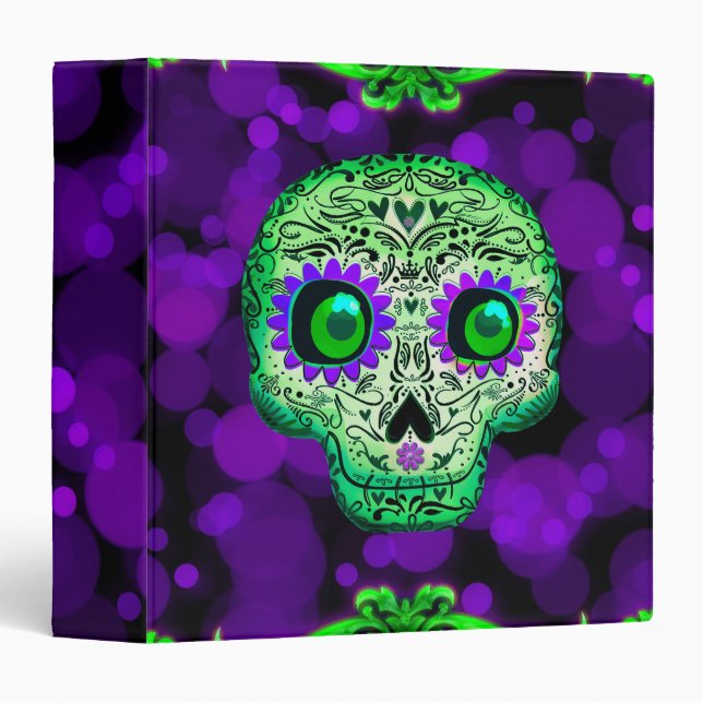 Classeur Crâne de sucre lumineux fantaisiste vert et violet (Devant/Côté)