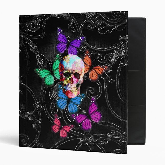 Classeur Crâne d'imaginaire et papillons colorés (Devant/intérieur)