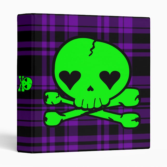 Classeur Crâne vert au néon de Kawaii sur le plaid pourpre (Devant/Côté)