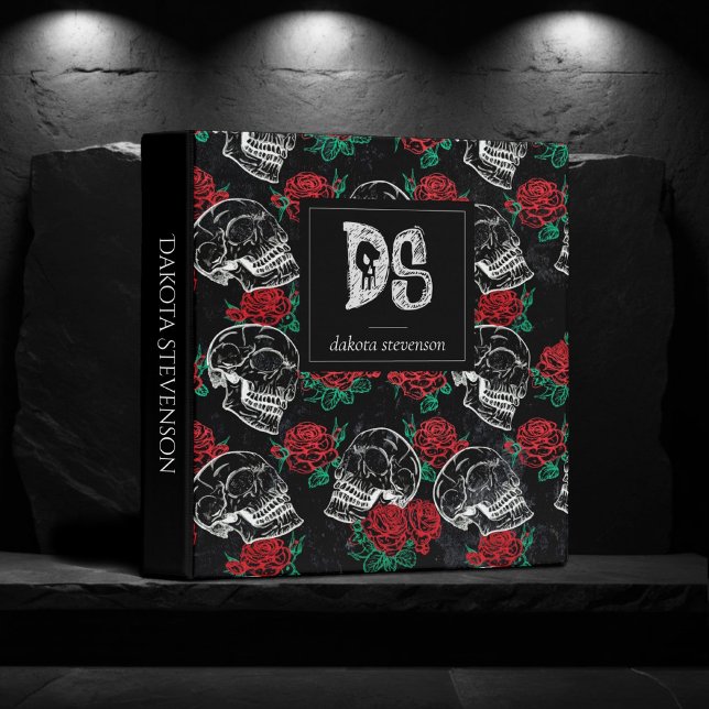 Classeur Crânes et Roses Rouges | Monogramme Glamour Gothiq (Créateur téléchargé)
