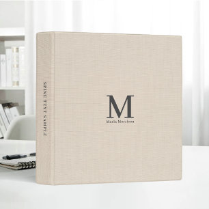Classeur Crème Lin Beige Monogramme Simple Minimaliste Gras