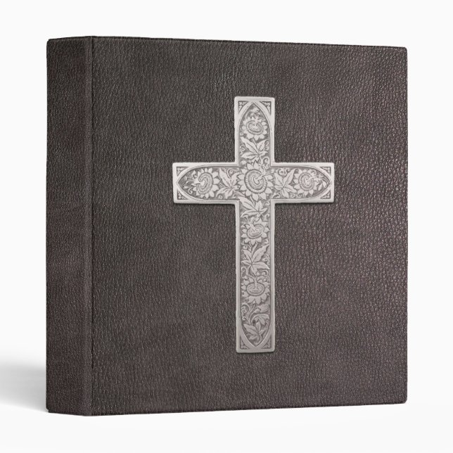 Classeur Croix métallique sur cuir foncé (Devant/Côté)