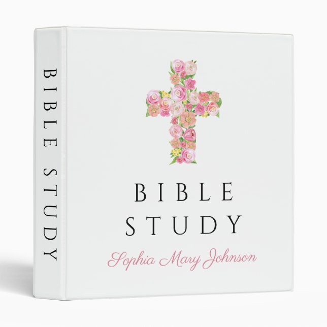 Classeur Croix religieuse rose personnalisée (Devant/Côté)