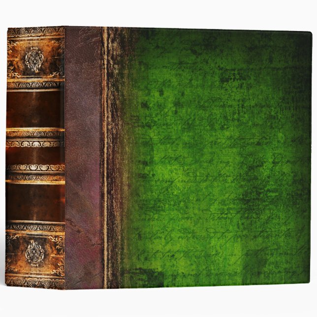 Classeur Cuir âgé rustique de vert et de brun de Faux (Devant/Côté)