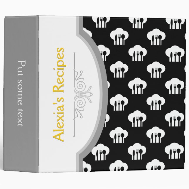 Classeur Cuisinier noir, blanc casquette motif et recette d (Devant/Côté)