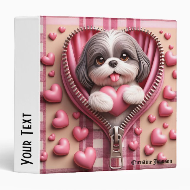 Classeur Cute 3D Shih Tzu dans un Arrière - plan rose et bl (Devant/Côté)