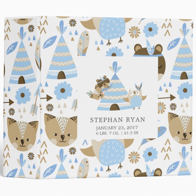 Classeur Cute Boy Tribal Woodland Animaux Baby Photo Album (Devant/Côté)